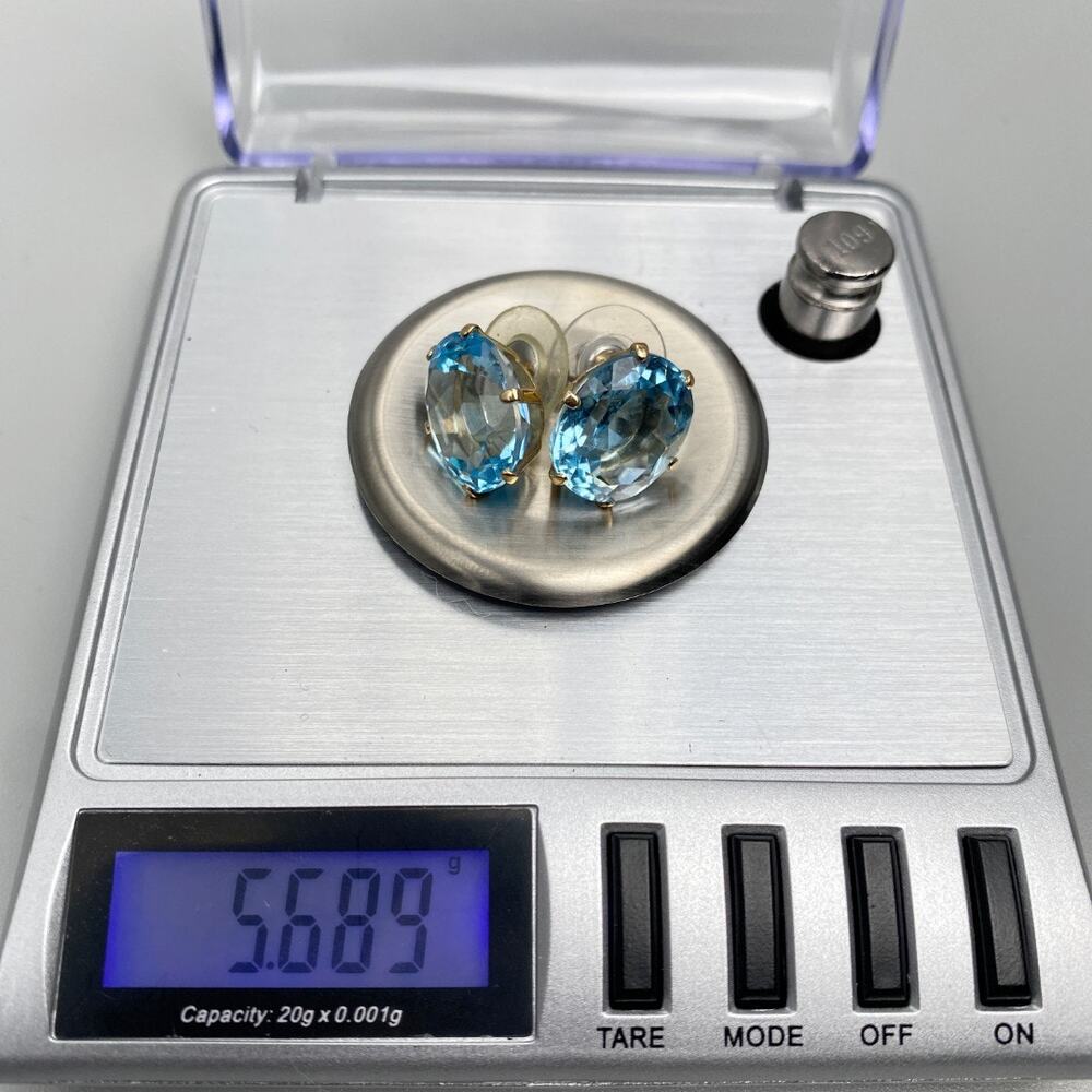 14K Gold Large Oval Blue Topaz Statement Stud Earrings 5.68g - Picture 5 of 14
